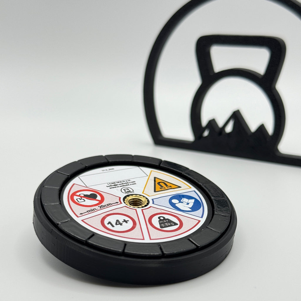 I•CAN•HOLD 2,5kg Black Edition, die MagSafe Handyhalterung für's Gym in der Rückansicht drapiert mit schräger draufsicht