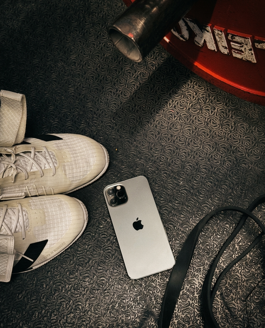 Smartphone liegt schutzlos auf schmutzigen Boden im Gym. Daneben rote Gewischtscheiben, Sportschuhe und ein Gummiband