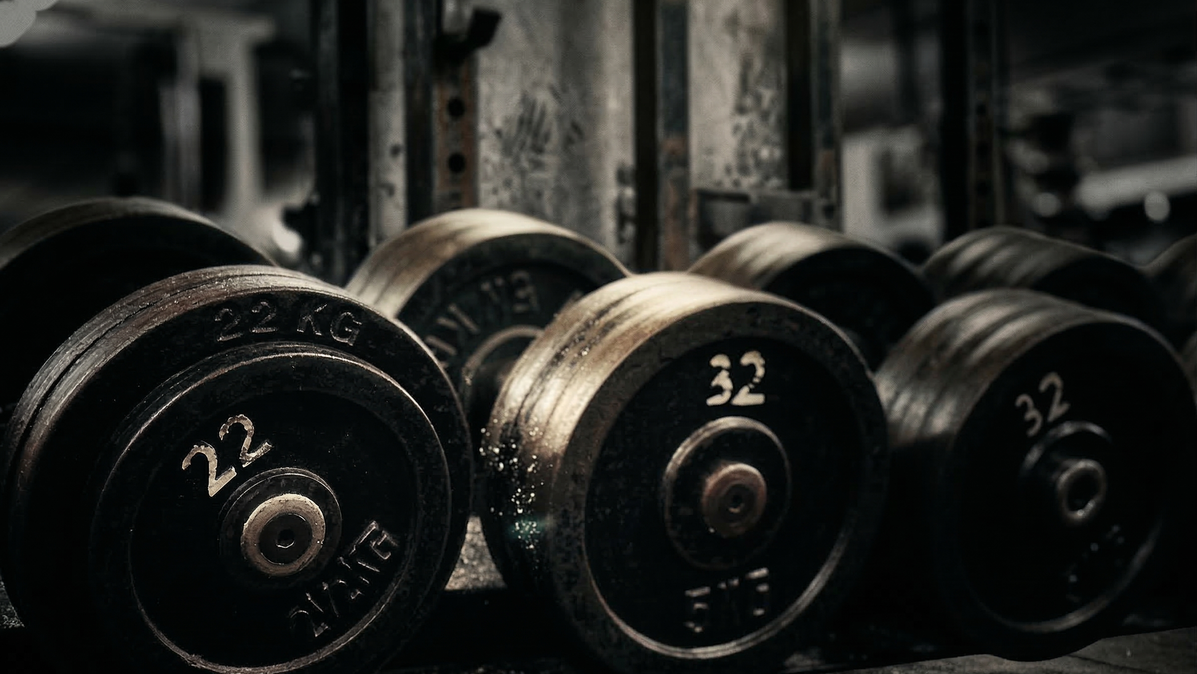 Drei Kurzhanteln mit Gewichtsangabe 22Kg und 32Kg auf dem Kurzhantelrack abgelegt in einem dunklen Old-School-Gym